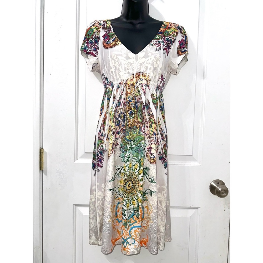 R. Rouge short-sleeve, mini dress featuring a vibrant paisley and floral print
